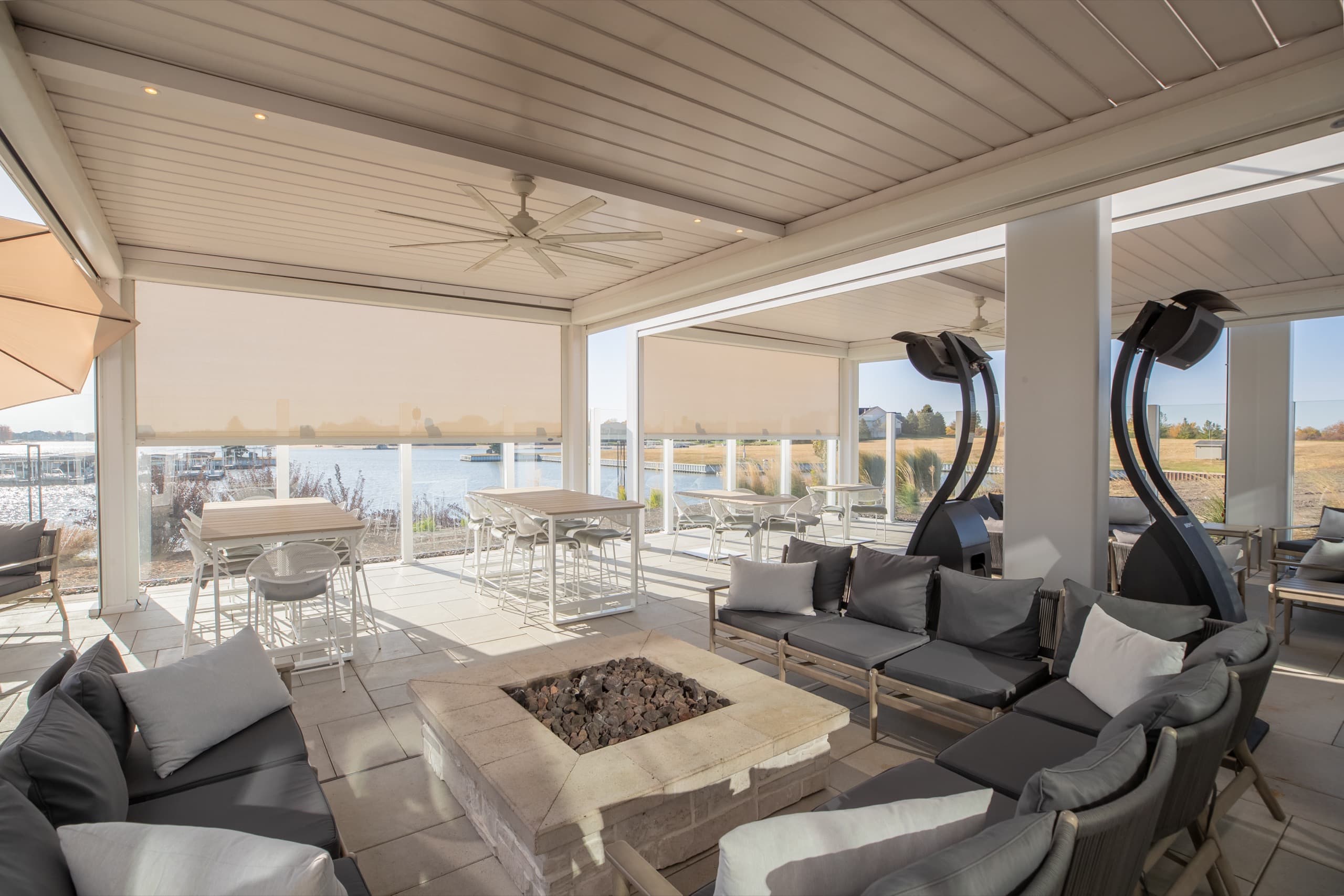 Commercial pergola installation with lounge seating