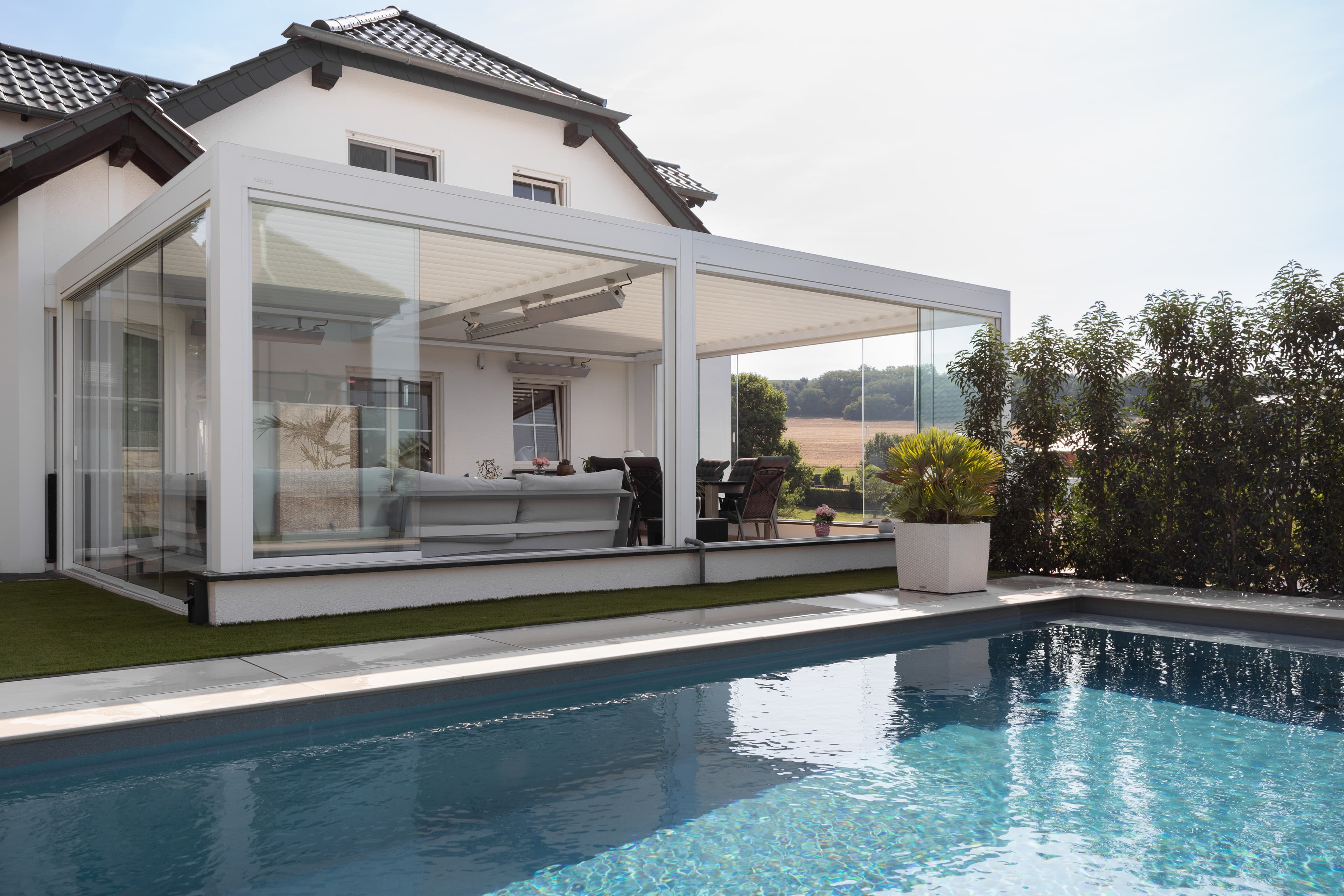 residential white pergola pool glass doors 02