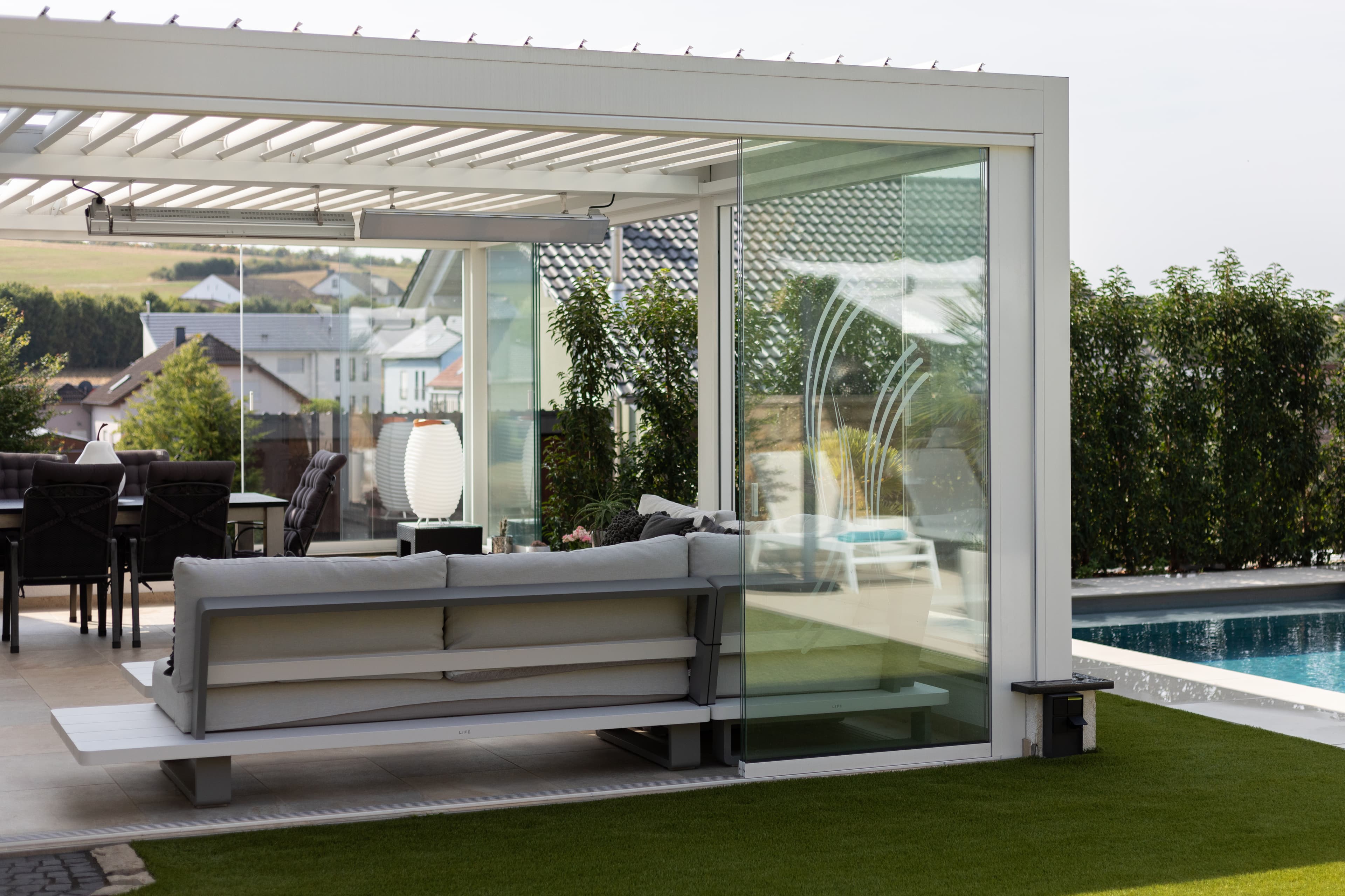 residential white pergola pool glass doors 03
