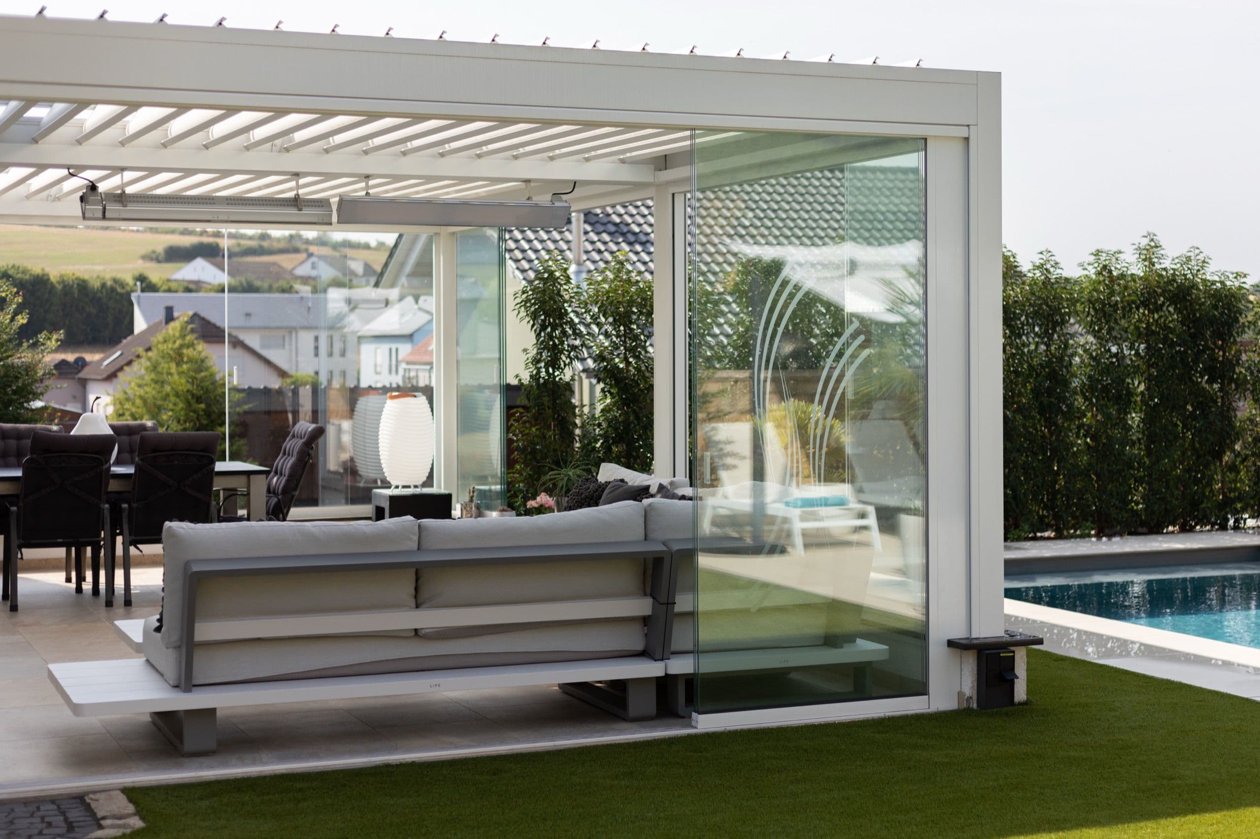 residential white pergola pool glass doors 03