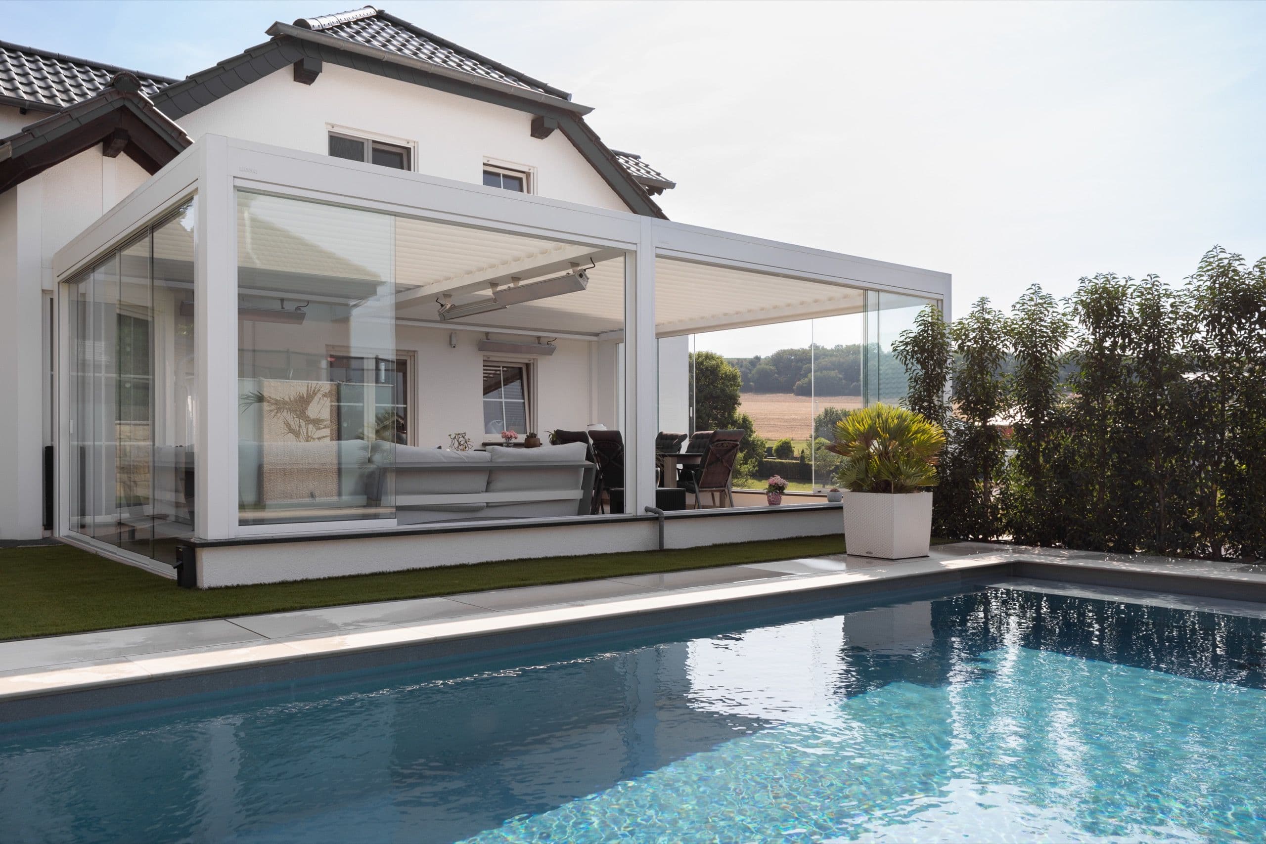 residential white pergola pool glass doors 02